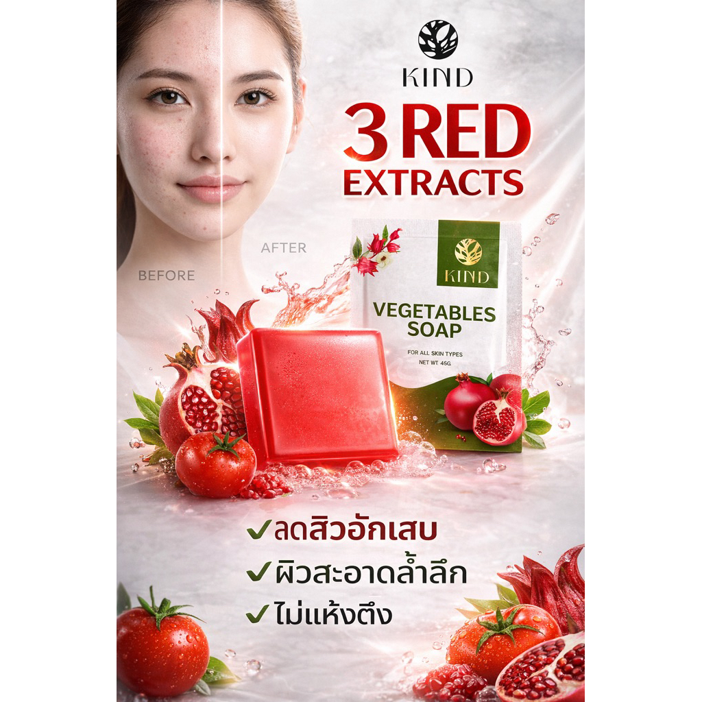 KIND Vegetables Soap สบู่หน้าใส ลดรอยดำ รอยแดงจากสิว ขนาด 45 กรัม (ล๊อตสุดท้ายแบบซอง) – โปรปัง