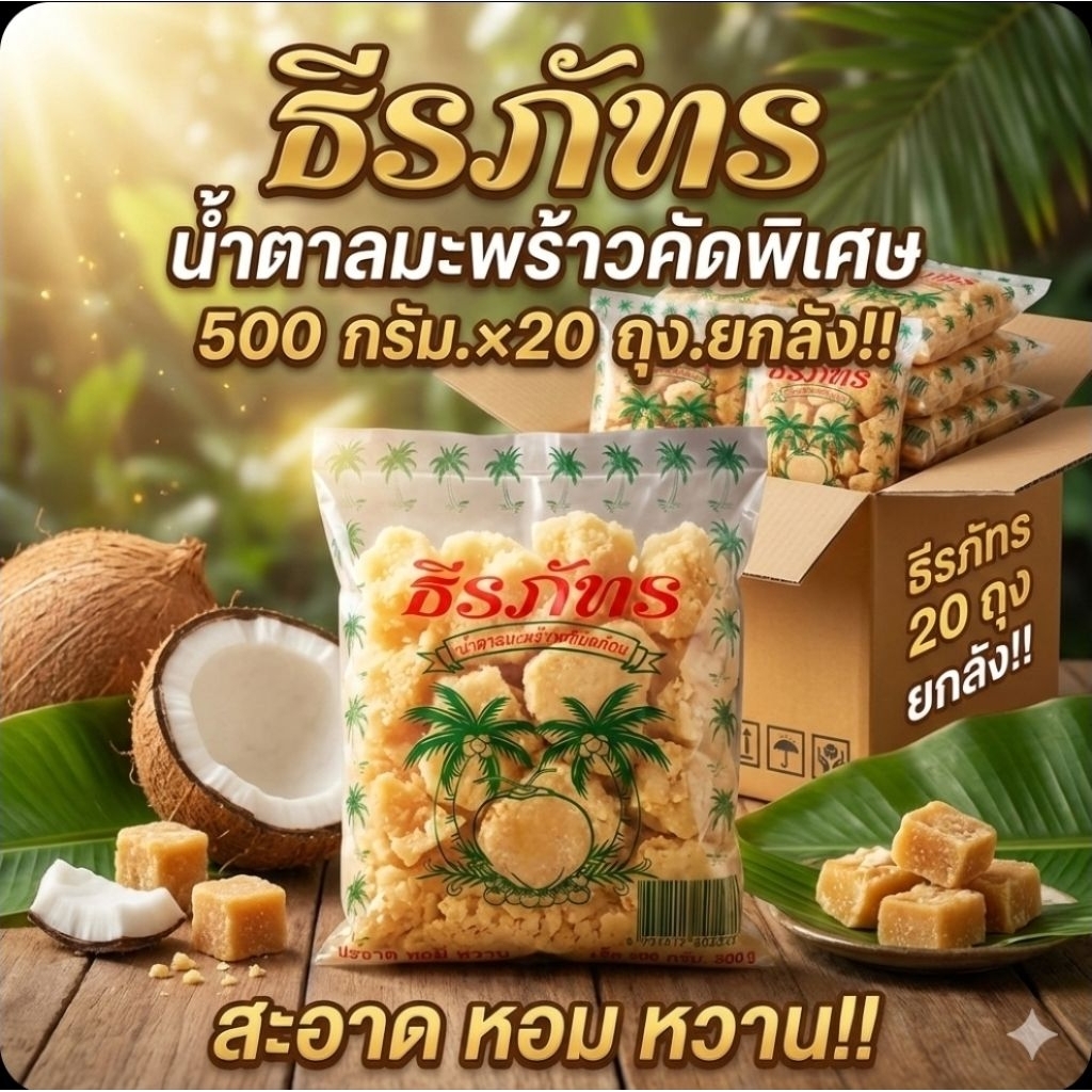 📦TP ธีรภัทร น้ำตาลมะพร้าวแท้ชนิดพิเศษ ขนาด 500 กรัม.×20 ถุง.(ยกลัง).📦