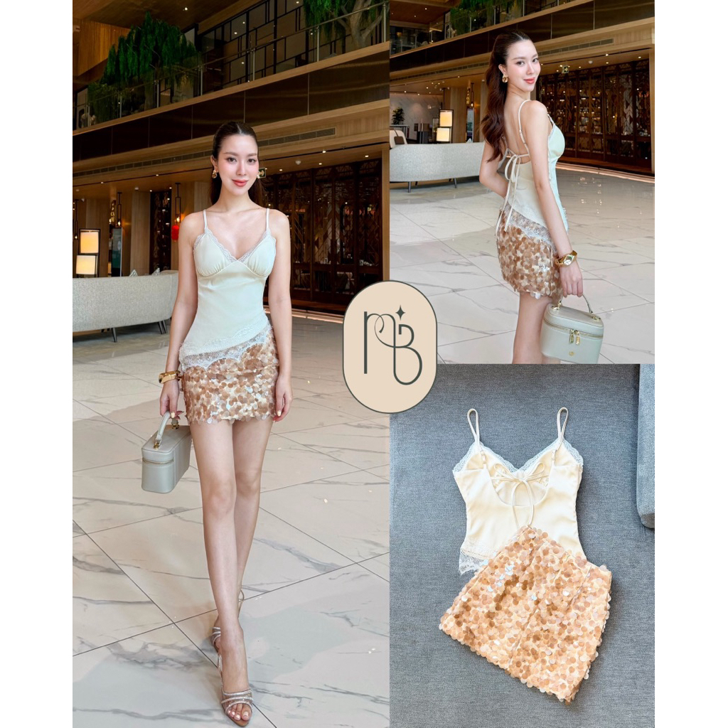 NB408 เซต 2 ชิ้นโทนหรู โดดเด่นด้วยเสื้อสายเดี่ยวผ้าซาตินเนื้อนุ่ม สีครีมแชมเปญ