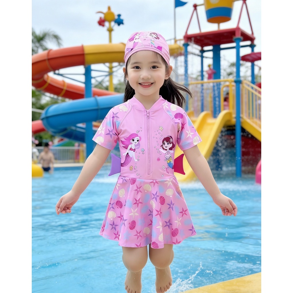 imim_swimwear ชุดว่ายน้ำเด็กผู้หญิงมีหมวกว่ายน้ำแต่งลายการ์ตูน ป้องกันUVป้องกันแดด รุ่น20204 พร้อมส่งในไทย