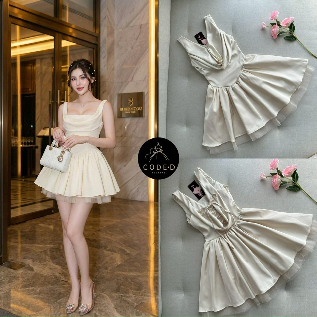 CODE-D CLOSETS มินิเดรสสีครีมคอถ่วง เนื้อผ้าซาติน ด้านหลังเว้ามีเชือกร้อยเป็นสายไขว้