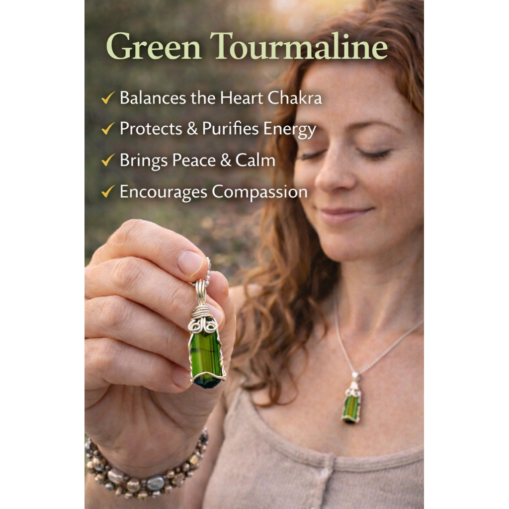 Natural Green Tourmaline Pendant Wire Wrapped – Heart Chakra Crystal Necklace – Handmade Sterling Silver Gemstone