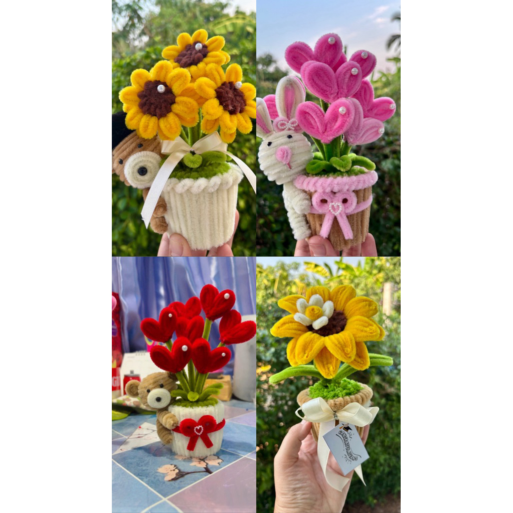 กระถางดอกไม้ลวดกำมะหยี่รูปหัวใจ❤️ ของขวัญวาเลนไทน์/ปัจฉิม รับปริญญา วันเกิด เกษียณ Handmade สุดคิ้วท์ พร้อมส่ง