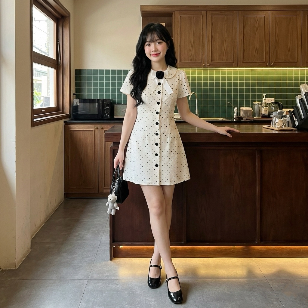 [LISA] A1330 ชุดเดรสกระโปรงคอบัวแขนสั้นกระดุมผ่าหน้าลายโพกาดอทแต่งดอกไม้ ละมุนลุคคุณ ใส่ดินเนอร์ คาเฟ่ ออกงาน