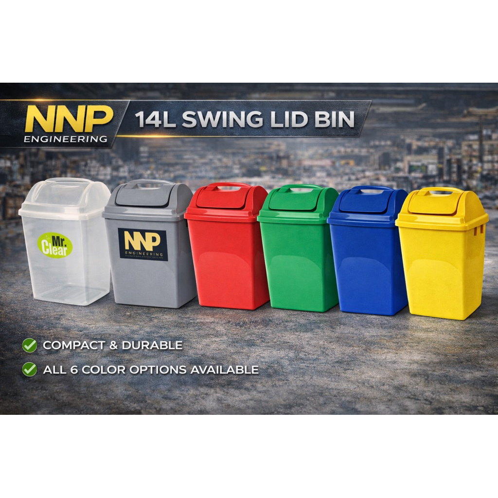 Mr.Clean ถังขยะฝาสวิงขนาด 14 ลิตร  สี ใส/ เทา/ เขียว/น้ำเงิน/แดง ขนาด 14 ลิตร 24*29*39 cm