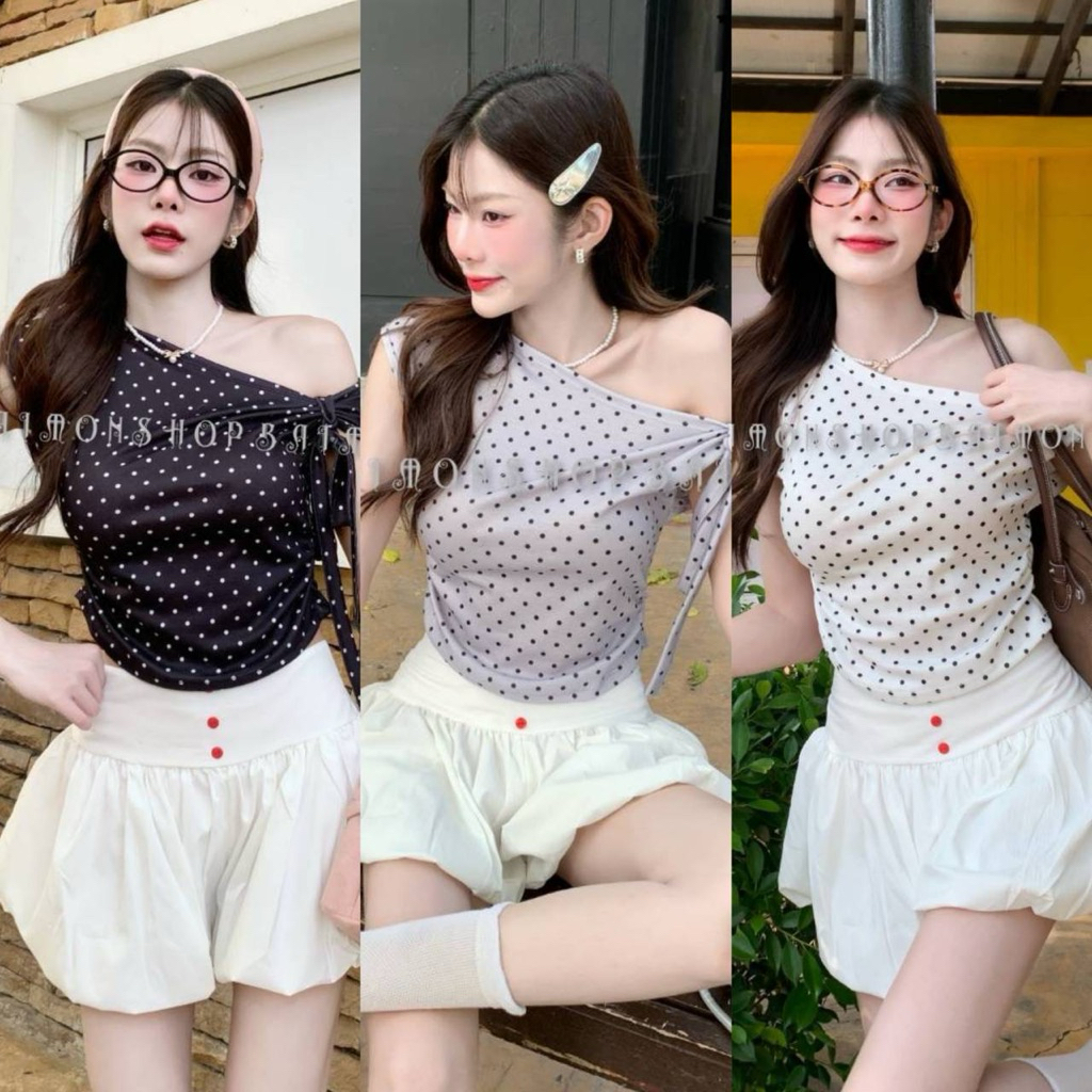 🔥aimorn_shop🔥 เสื้อครอปลายจุด ไหล่เบี่ยงผูกโบว์ งานหรูหรามาก เนื้อผ้าใส่สบายมาก งานสวยสุดๆ