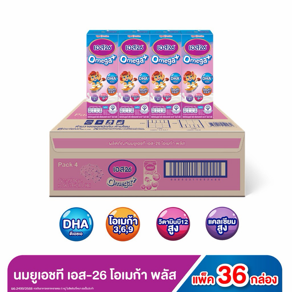 S-26 นมเอส-26 โอเมก้า พลัส นมยูเอชที รสจืด ขนาด 180 มล 36 กล่อง(ยกลัง)