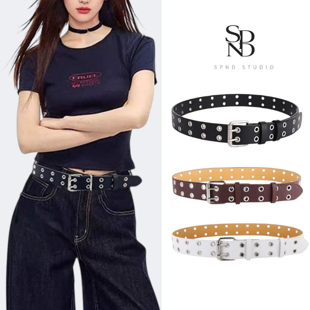 SPND【พร้อมส่ง】เข็มขัดแฟชั่นดีไซน์เท่ ลุคสตรีทเกาหลีสุดคูล ดีไซน์2แถวตลอดเส้นมี3สี(967)