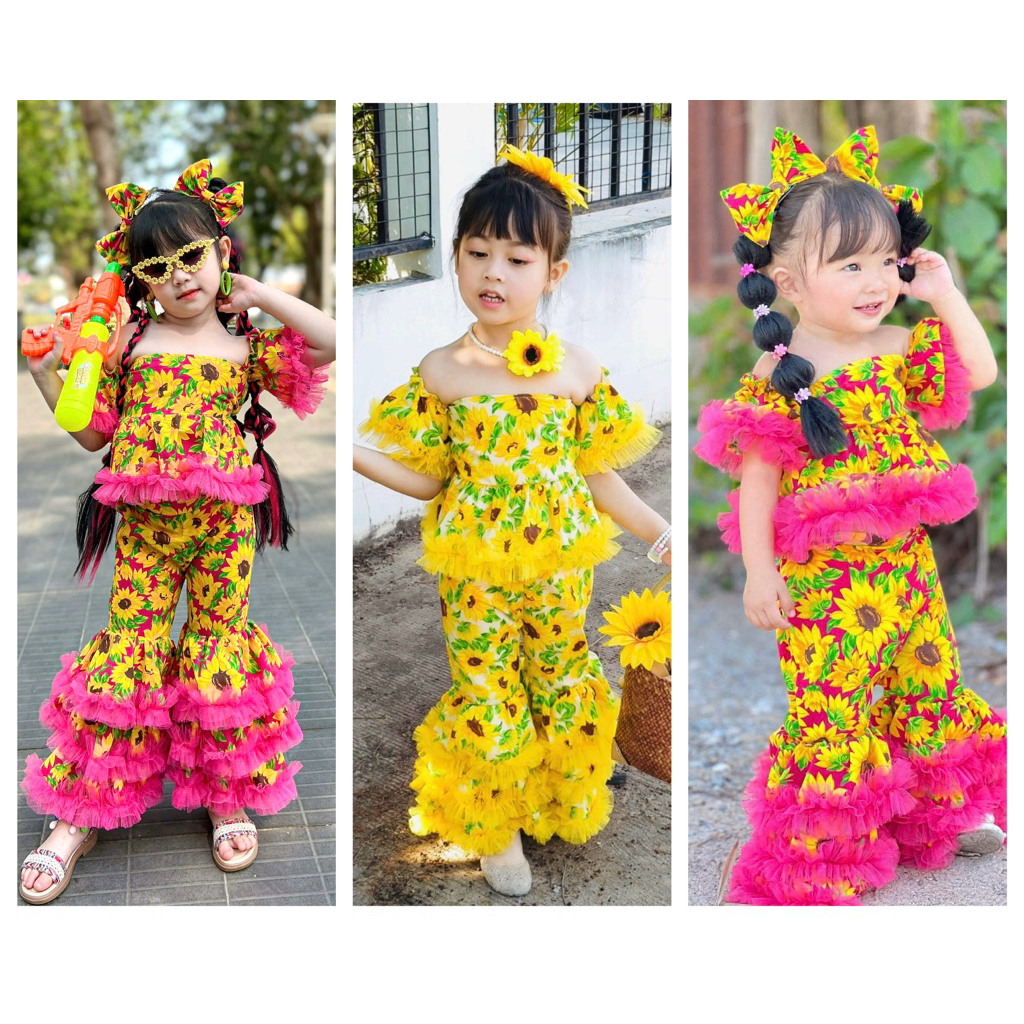 ชุดสงกรานต์เด็กผู้หญิง ชุดทองกวาว ลายดอกทานตะวัน ชุด+แถมกิ๊บ แต่งฟูอลังการ สุดแซ็กซี่ สีสด สดใส