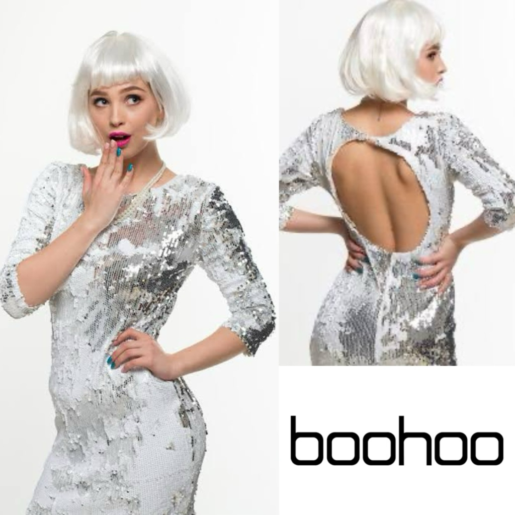 Boohoo White & Silver Rotating Sequin Bodycon Dress เดรสปักเลื่อมสีขาว/เงิน เลื่อมflip