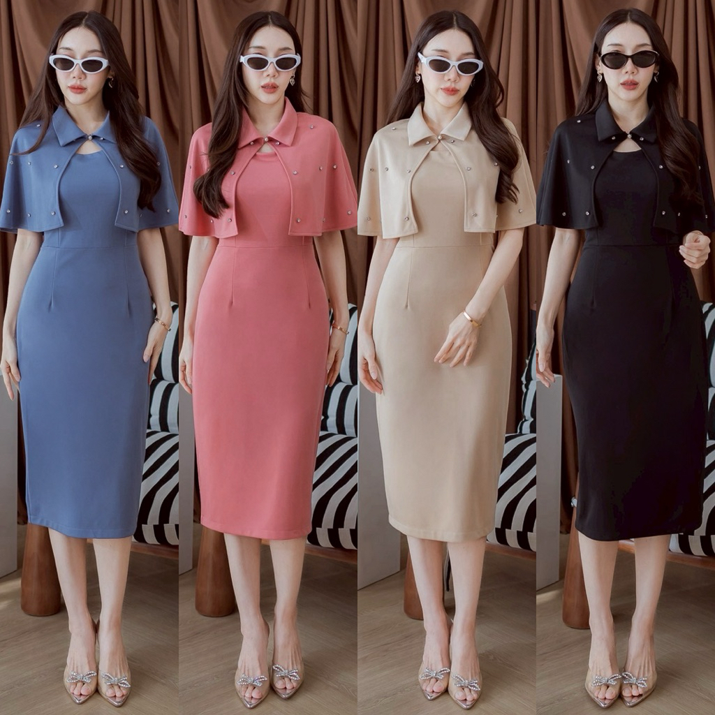 285 ชุดเซ็ท 2ชิ้น เดรสสายเดี่ยว+เสื้อคลุมคอปกแต่งเพชร (ผ้าเทพ REEYA)