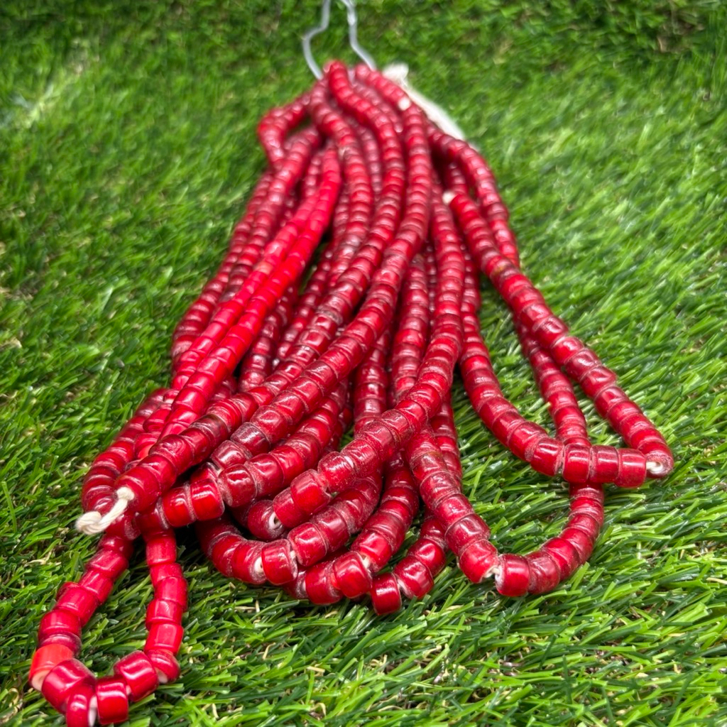 Antique White Heart Glass Beads Strand – Vintage Red Trade Beads – Old Bohemian Layered Glass Beads 