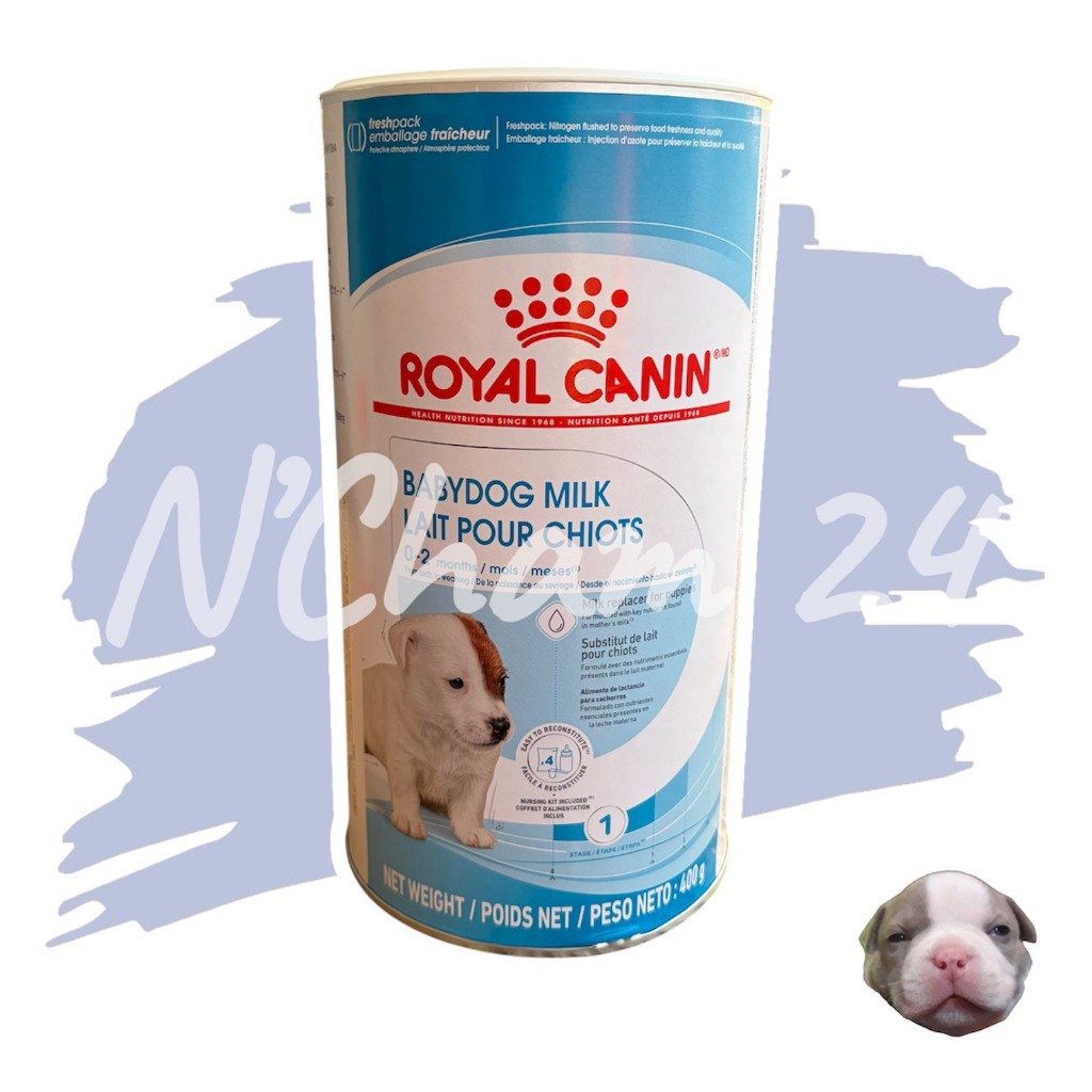 Royal Canin Babydog Milk ขนาด 400 กรัม นมผงลูกสุนัข แรกเกิด อายุ 0 - 2 เดือน แบบชง  ฟรีขวดนม ด้านใน