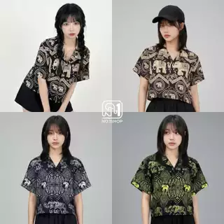 A No.1shop เสื้อฮาวายครอปทรงBoxy ลายช้าง ผ้าไหมญี่ปุ่น ผ้านุ่ม ใส่สบายไม่ต้องรีด แมตช์กับกางเกงอีกตะกร้า