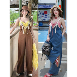 ป้าย Minly เซต2 ชิ้น บราลายสก็อกน่ารัก+จั้มยีนส์หมีแพทเทินเก…