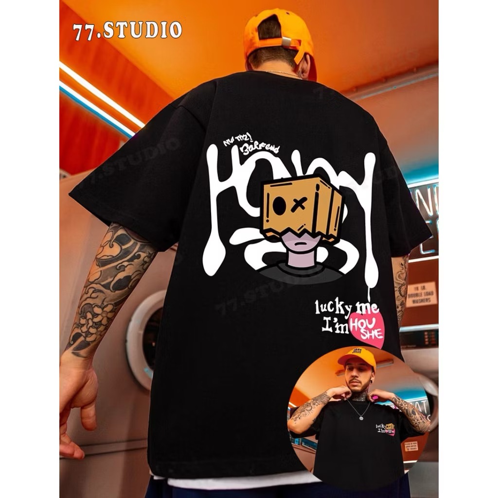 ใหม่ เสื้อยืดคอกลม oversize เสื้อคู่ลำลองทรงพิมพ์ล ส่ได้ทั้งชายเเละหญิง