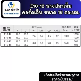 E16-12 หางปลาเข็ม คอร์ดเอ็น ขนาด 16.0 ตร.มม. ทองเหลือง (Cord End terminal Size : 10.0 sq.mm. Copper/Brass)