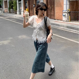 W712เสื้อแขนสั้นผูกเอวแต่งลูกไม้รุ่นใหม่สำหรับผู้หญิง เหมาะสำหรับใส่ในฤดูร้อน ดีไซน์น่ารัก มีให้เลือกทั้งสีดำและสีขาว