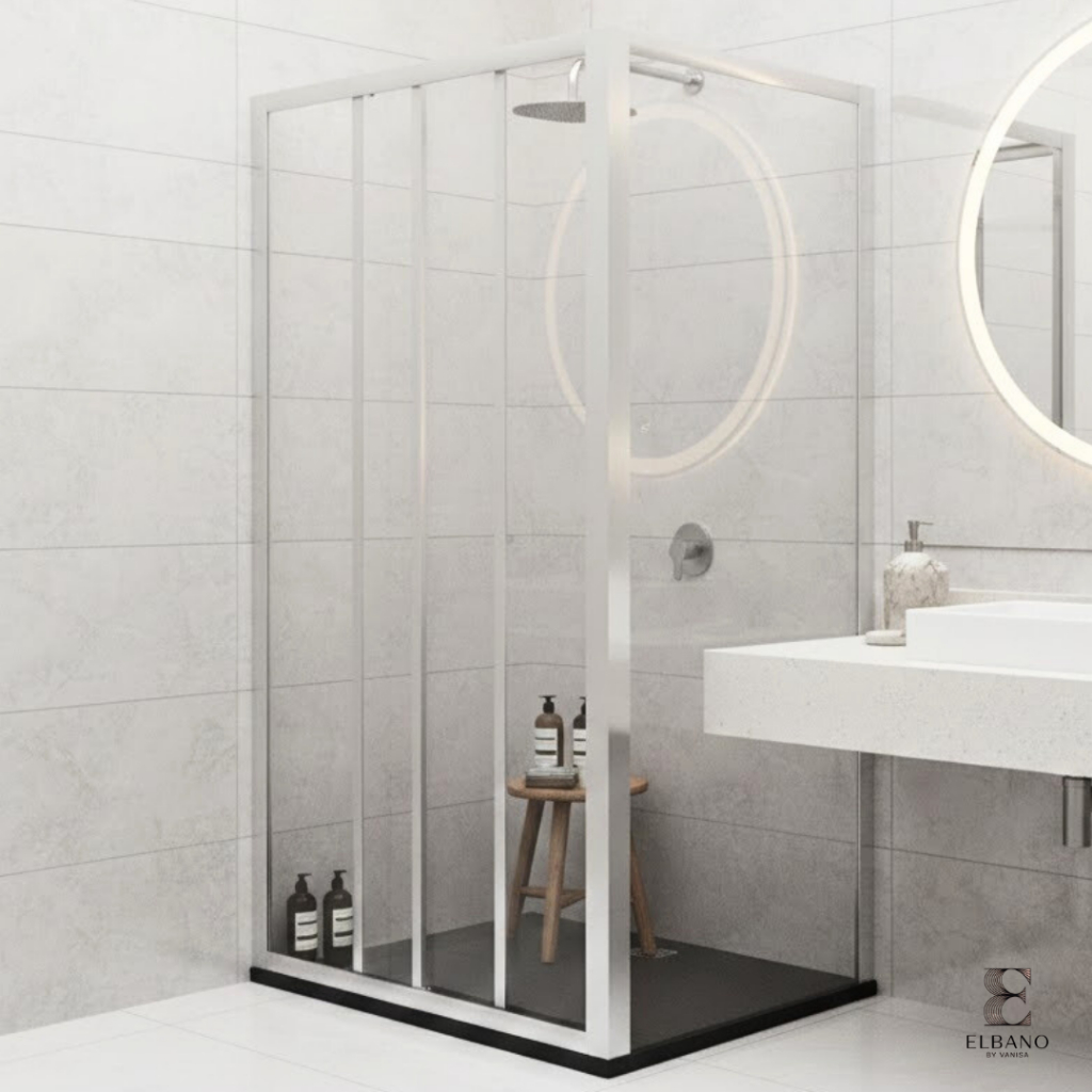 El bano ฉากกั้นอาบน้ำ โครงอลูมิเนียม กระจกนิรภัย 3ตอน  ขนาด (81-86) X185 ซม