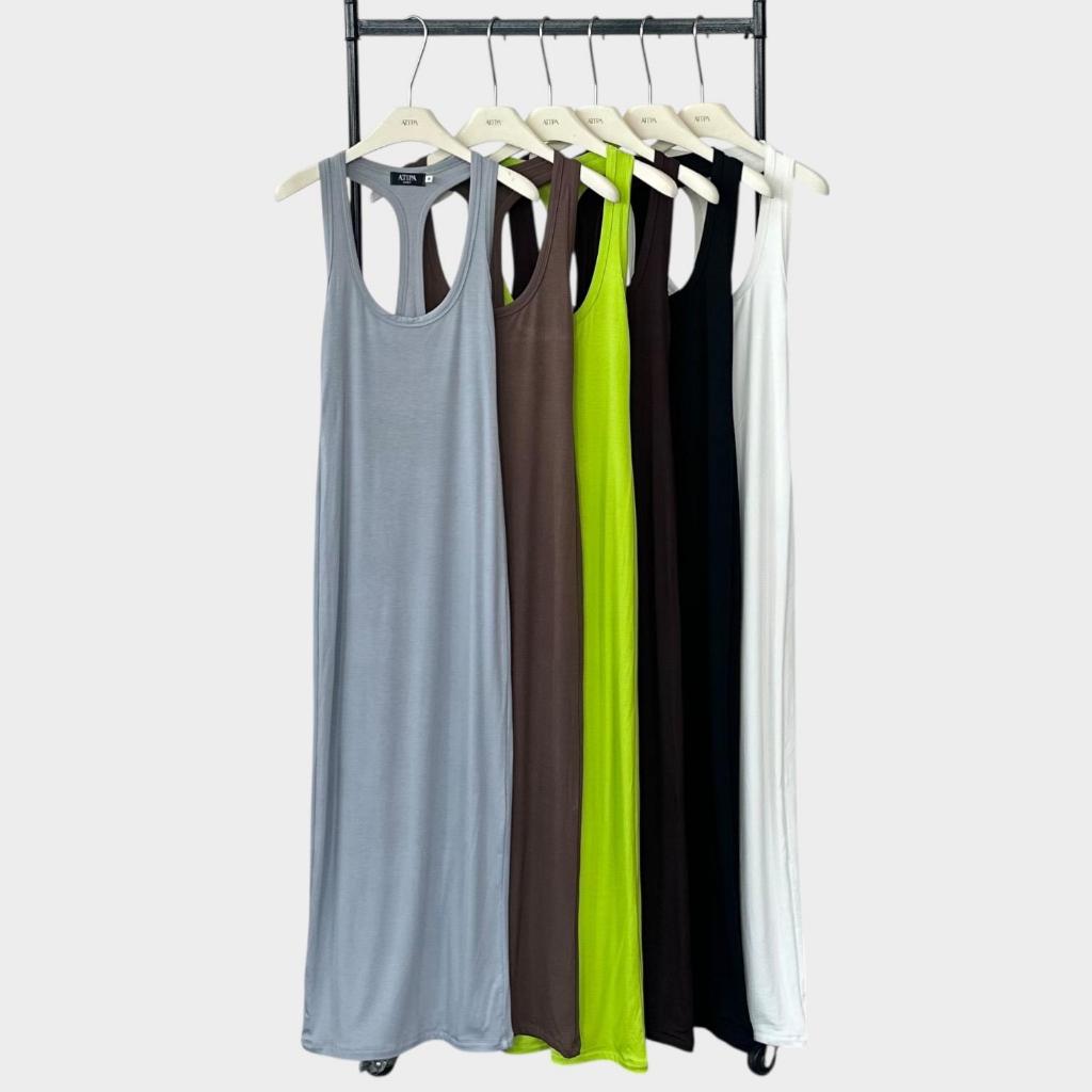 Atipashop - Pure Line Dress เดรสกล้ามคล้องคอ ผ้าเรย่อน ยืดเยอะ เข้ารูป ใส่สบาย