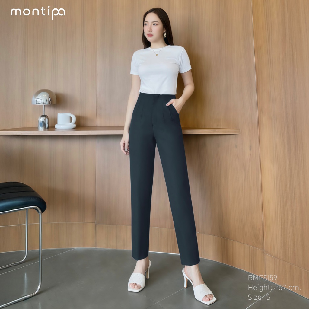 Montipa กางเกงแปดส่วนทรงสอบ ซิปหน้า ขอบเอวในตัว ตีเกล็ดหน้า ผ้า Iron Free RMPSI59