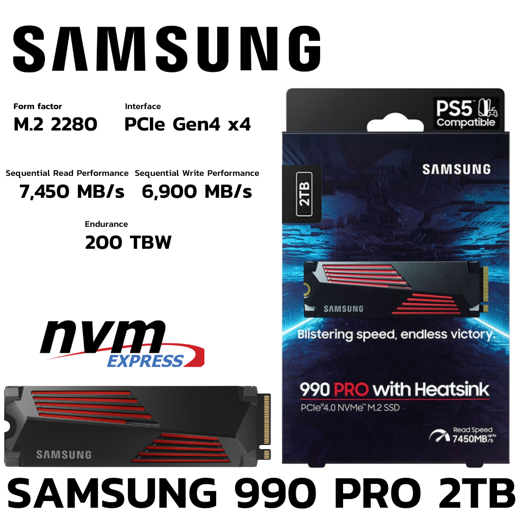 M.2 2 TB SSD (เอสเอสดี) SAMSUNG 990 PRO WITH HEATSINK - PCIe 4x4/NVMe M.2 2280 (MZ-V9P2T0CW)