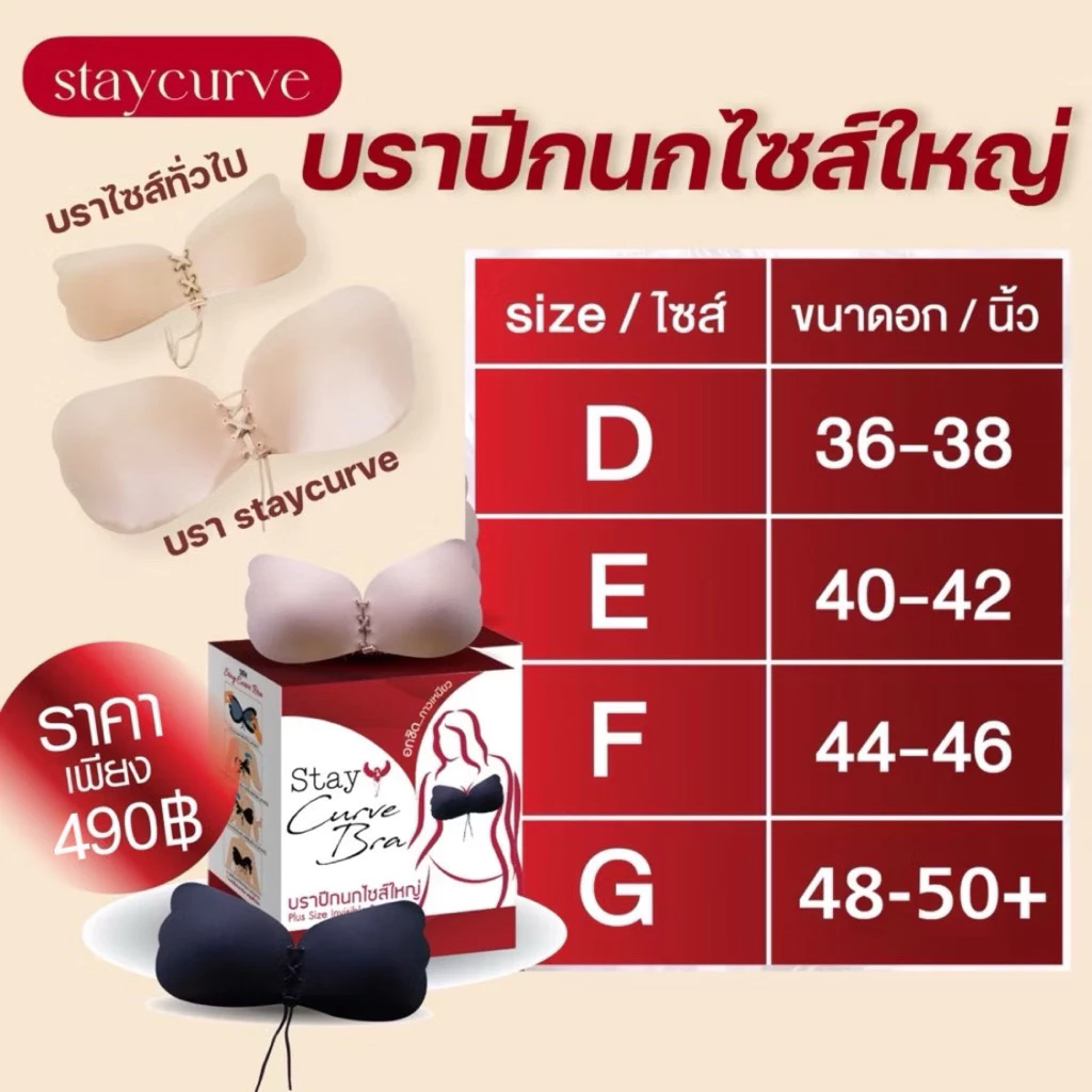 บราปีกนกไซส์ใหญ่ Staycurve บราปีกนกดันทรง บรากันน้ำ กันเหงื่อ กาวเหนียวพิเศษ ใส่ลงเล่นน้ำได้ไม่หลุด!