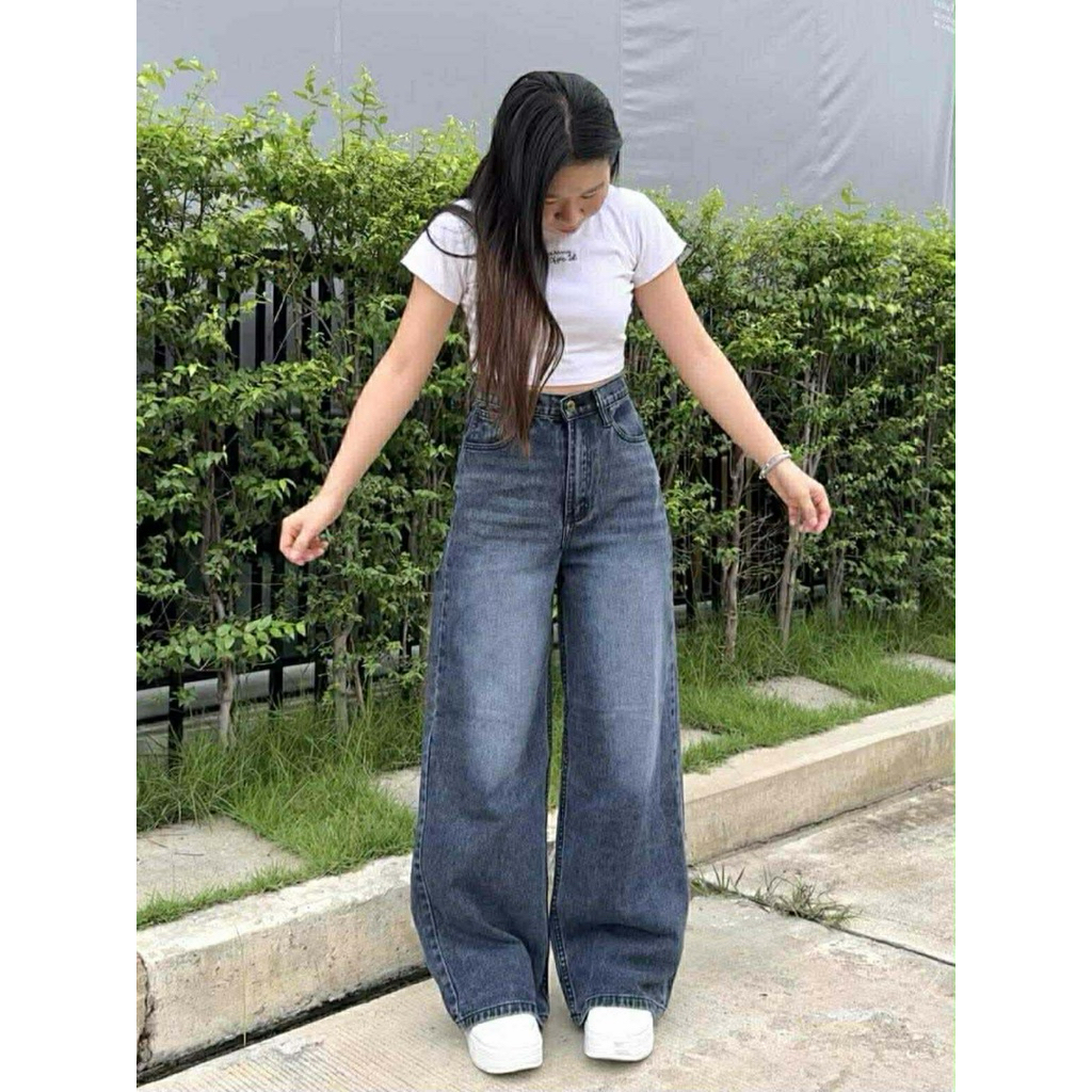 HIKARU กางเกงยีนส์ขากระบอกใหญ่สีมิดไนท์ ผ้านุ่มใส่สบาย
