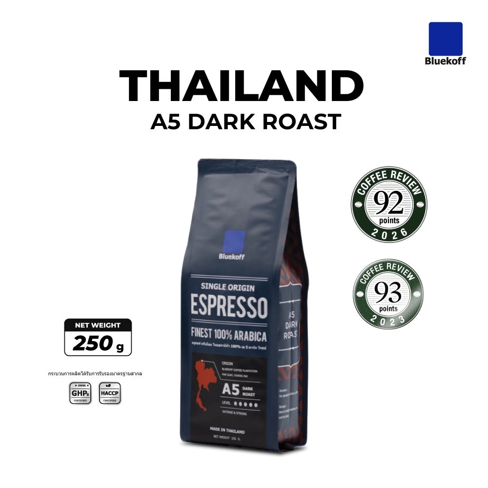 Bluekoff A5 เมล็ดกาแฟ ไทย อราบิก้า 100% Premium เกรด A คั่วเข้ม (Dark Roast) บรรจุ 250 กรัม