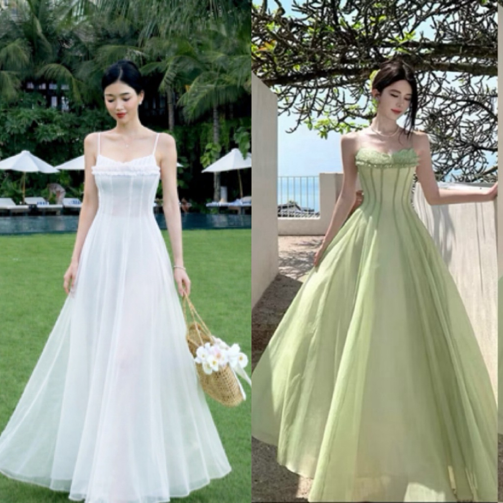 𝐌𝐀𝐘𝐔 ✨พร้อมส่ง💚เดรสยาวสายเดี่ยวงานซิปหลังมีซับในผ้าพริ้วสายปรับได้☁️