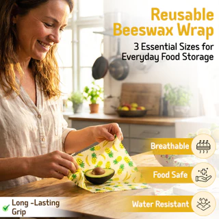 SuperBee ผ้าไขผึ้งห่ออาหาร ล้างใช้ซ้ำ 2 ปี Beeswax Wrap for Food, Set of 3 Reusable Bees Wax Wraps