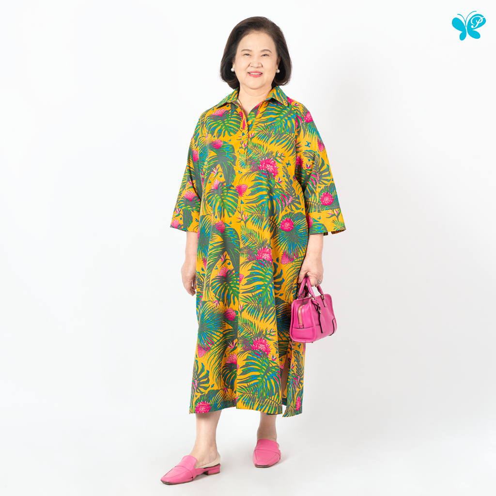 ชุดผู้สูงอายุ Shirt Dress - Dah La  เดรสทรงหลวม พิมพ์ลายดอกดาหลา ผ้า Cotton 100% (ใส่ได้ทุกวัย / Elderly Friendly)