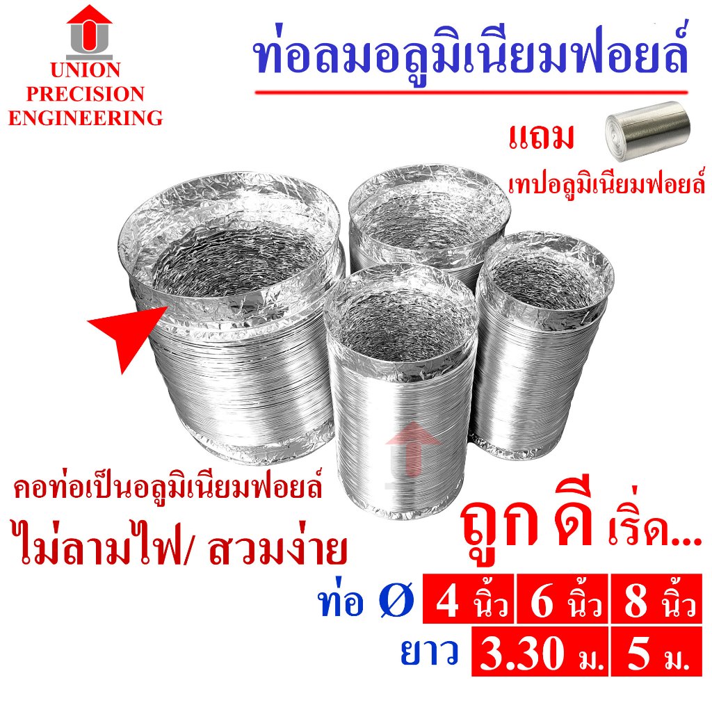ท่อลม ท่อลมระบายอากาศ ท่อลมร้อน ท่อแอร์เคลื่อนที่ ท่อฟอยล์ Ø4-8 นิ้วยาว 2-3.30 และ 5 ม. สีเงิน Union