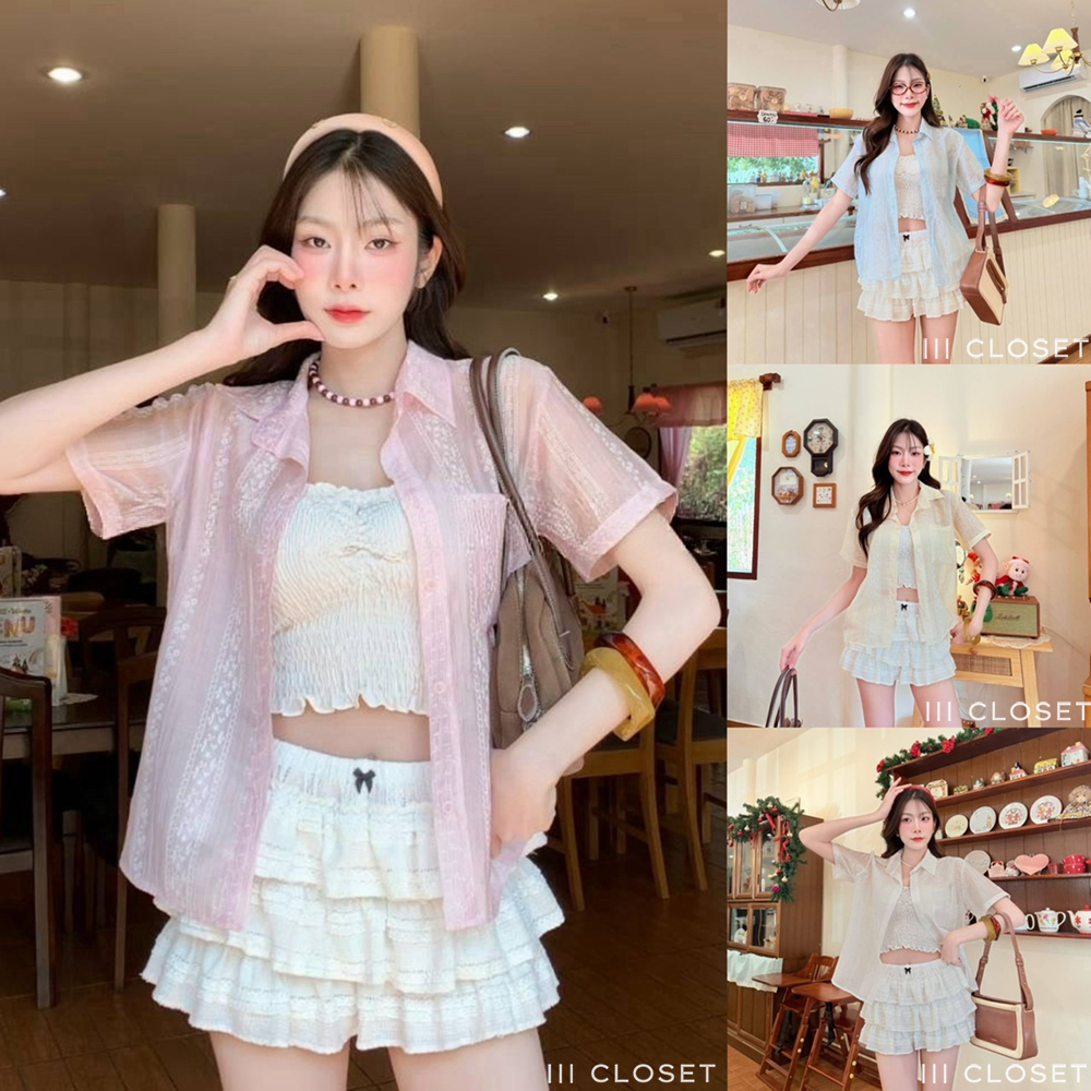 เสื้อเชิ้ต lll Freesize lll BA111 แขนสั้น กระดุมหน้า ผ้าสลาฟชีฟองทอลายดอก เนื้อผ้าบางเบา ระบายอากาศได้ดี