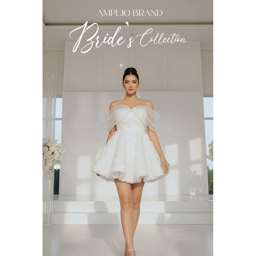 Primrose Bridal Set เดรสกุหลาบผ้า3D สีขาว ดีไซน์ผ้ากลิตเตอร์ปาดไหล่ แบบผีเสื้อ ช่วยปิดแขน วันเกิด งานแต่งงาน เจ้าสาว