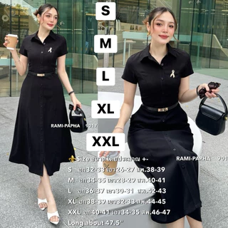 พร้อมส่ง เติม S-2XL ⚡️RM 9017 **รุ่นผ้าบาง .5ขยับไซ้❗️ ชุดเดรสสีดำ ยาว48“+เข็มขัด+เข็มกลัด ดีไซน์ เรียบหรู สุภาพ สง่า