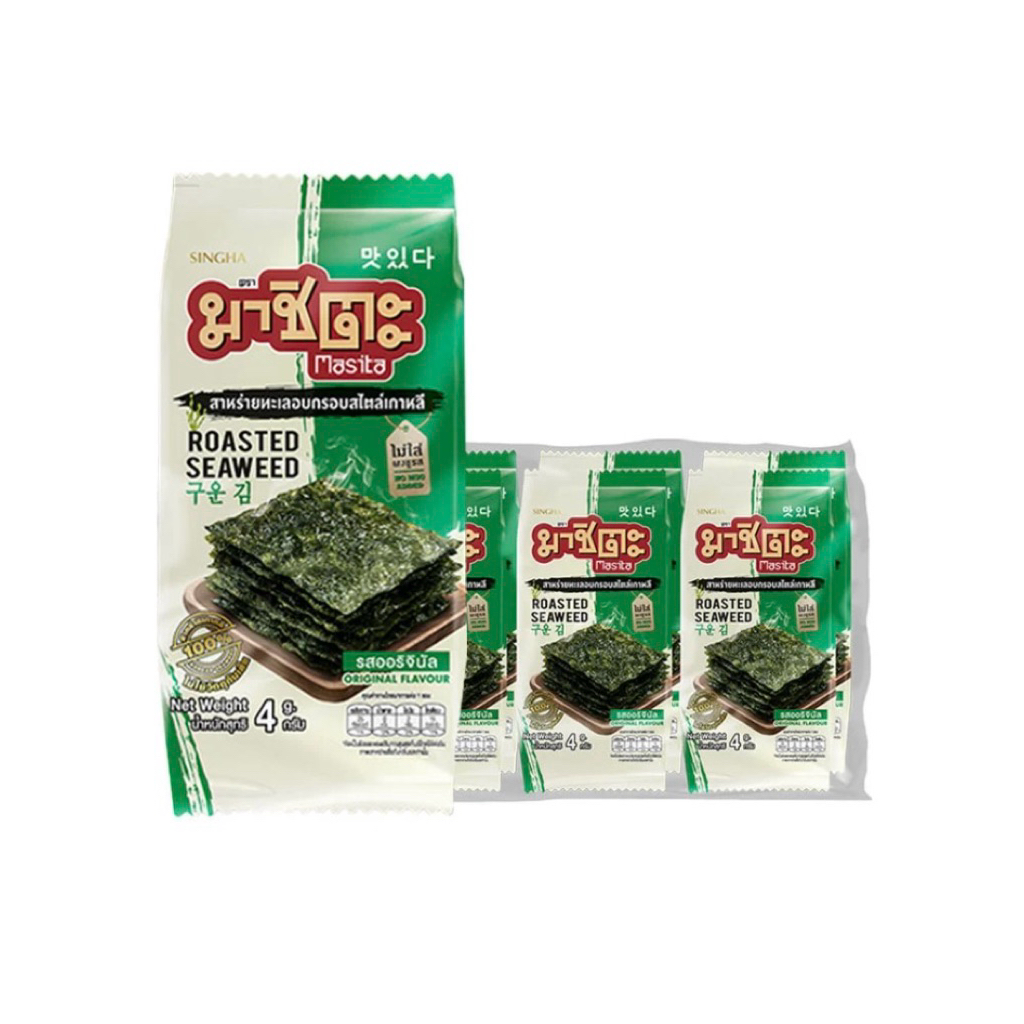 มาชิตะ สาหร่ายทะเลอบกรอบเกาหลี ขนาด4 กรัม แพค 6ซอง รสออริจินัล,สไปซี่