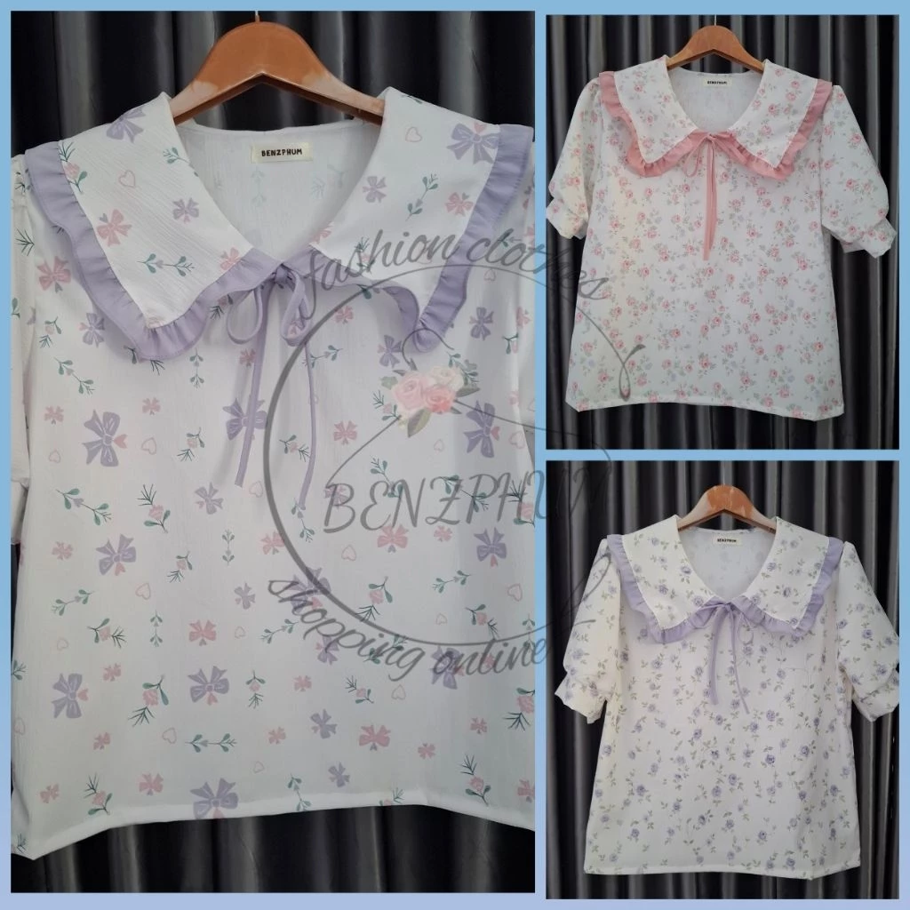 เสื้อผ้าแฟชั่นผู้หญิง เสื้อคอบัว ผ้าครัช รอบอก40นิ้ว