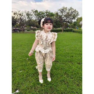ชุดไทยลูกสาว ผ้าฝ้ายแขนแต่งระบาย ผ้าใส่สบาย (ไม่รวมเครื่องประดับ)