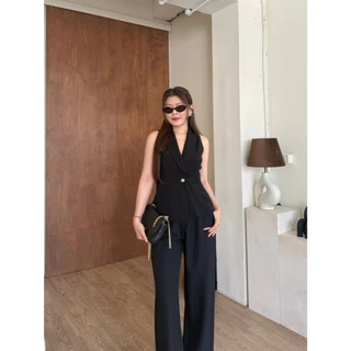 Maco Set : ชุดเซ็ทขายาวเสื้อแขนกุด เสื้อแขนกุดคอปกทรงสูท ชุดเว็ทขายาวสีพื้น เรียบหรู ทำงาน BETTY (B055)