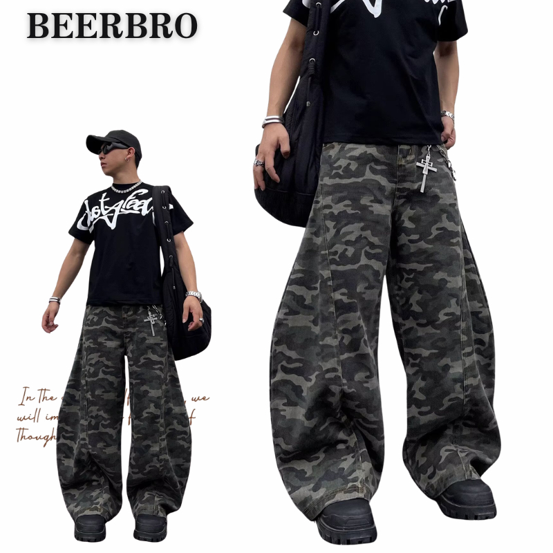 beerbroth-กางเกงยีนขากระบอก  ลายทหารผู้ชายแฟชั่นมาใหม่ ขายาว ทรงหลวม M-3XL