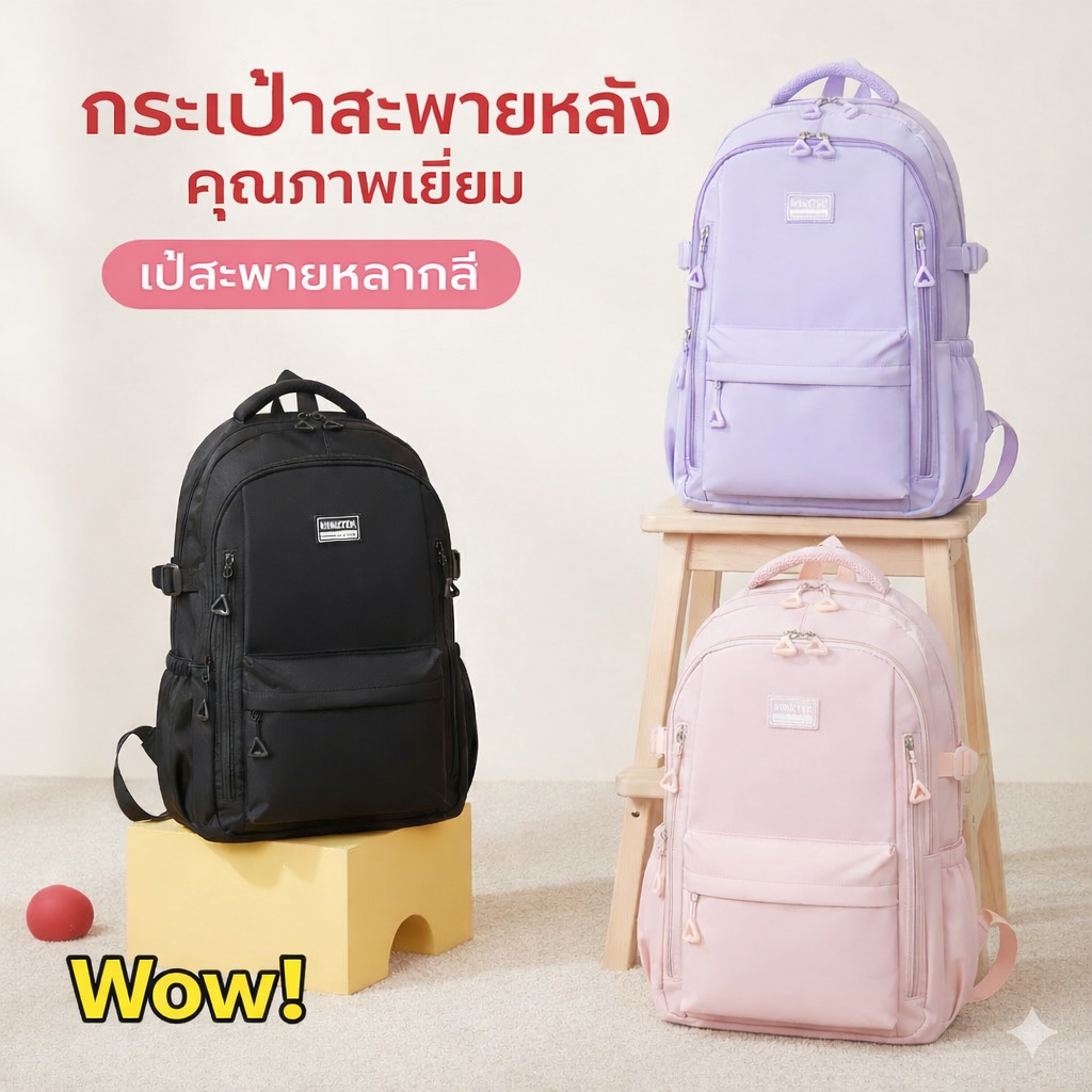 [SJ1017] กระเป๋าเป้สะพายหลัง สไตล์มินิมอล น่ารัก เบา กันน้ำ ใส่โน้ตบุ๊กได้ ใบใหญ่จุของได้เยอะ พร้อมส่งจากไทย