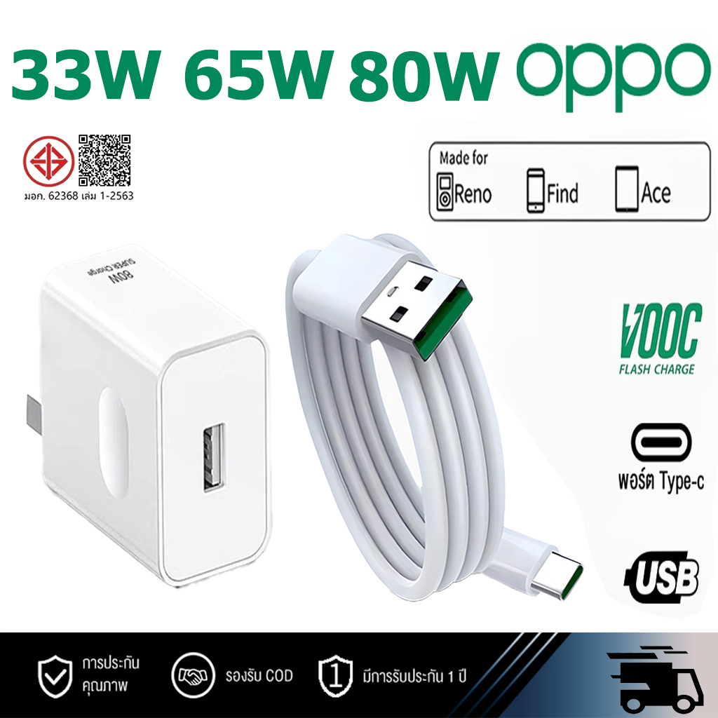 ชุดชาร์จ OPPO 33W 65W 80W ชุดชาร์จ OPPO ชาร์จเร็ว SUPERVOOC ขั้วต่อเครื่องชาร์จ Type-C รองรับสายชาร์จ OPPO Type-C Series