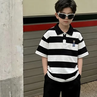 เสื้อโปโลผ้าฝ้ายแท้สำหรับเด็ก ลายหมีการ์ตูนปักลาย แขนสั้น สไตล์เกาหลี ใส่ได้หลายโอกาส เนื้อผ้านุ่มสบาย