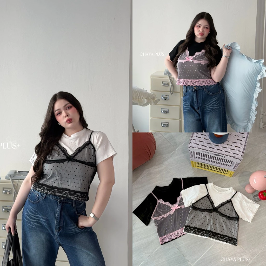 (LD) เสื้อครอปแต่งสายเดี่ยวซีทรู น่ารักมากๆ สดใสสุดๆ ตัวเดียวแมทซ์กับยีนส์จบ เสื้อผ้าสาวอวบอ้วน พลัสไซส์ ไซส์ใหญ่