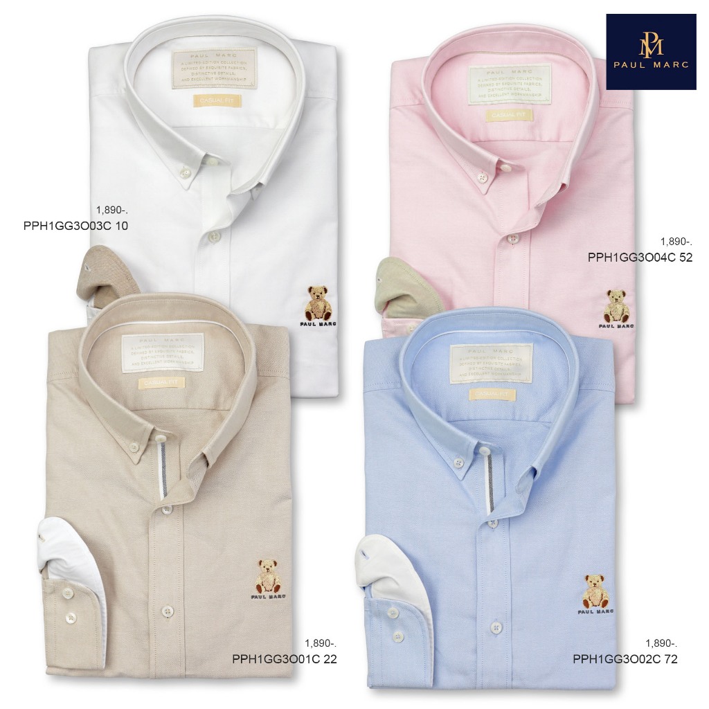 PAUL MARC เสื้อเชิ้ต OXFORD PM BEAR ผ้านุ่ม สีขาว ชมพู เบจ ฟ้า PPH1GG3O01/02/03/04 GG5O02/03/04/06