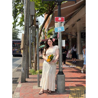 LindaaPlus-- ชุดเซ็ตเสื้อ+กระโปรงยาวผ้าลินินสาวอวบ ᯓᰔ 🌷งานผ้าฝ้ายลินินกระโปรงมีซับใน ไม่บาง แต่งลูกไม้เพิ่มความหวาน