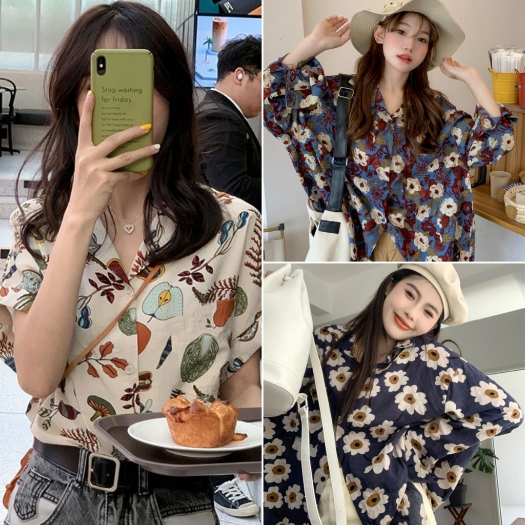 cherryshop🍒เสื้อวินเทจ เสื้อน่ารัก สไตล์อเมริกัน สไตล์วัยรุ่น ปกปิดเนื้อส่วนเกิน ความรู้สึกระดับสูง ลายดอกไม้