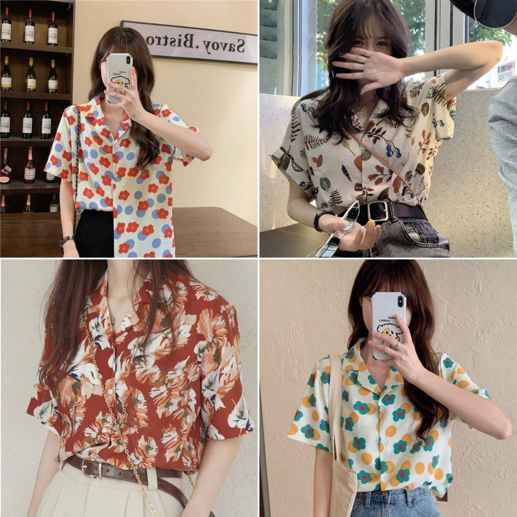 cherryshop🍒เสื้อเชิ้ต เสื้อวินเทจ สไตล์ชายหาด สไตล์ฮาวาย วันหยุดพักผ่อน แบบหลวมลำลอง ภาพวาดสีน้ำมัน