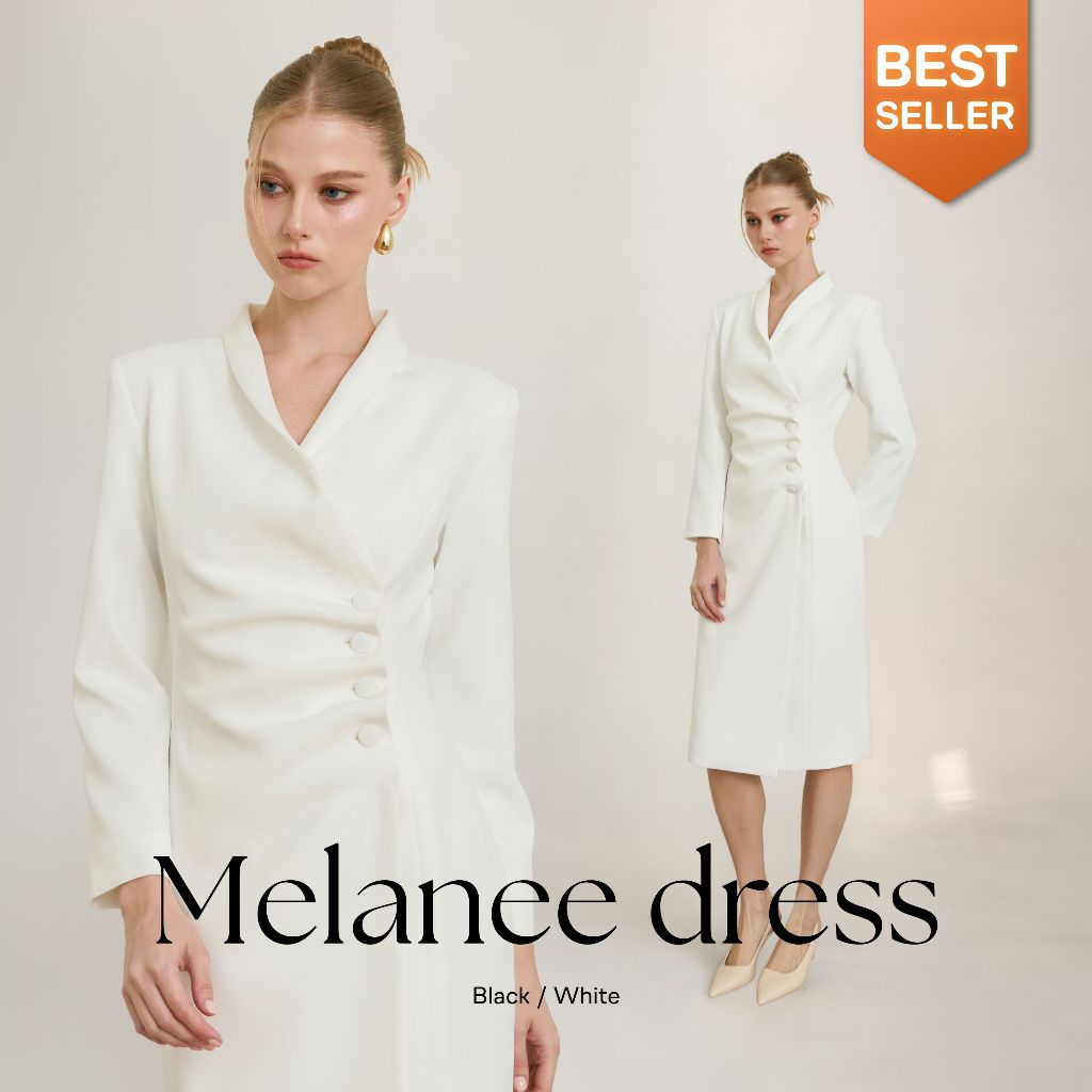KADE เดรส รุ่น Melanee Dress สูทเดรสแขนยาวแต่งเดรปช่วงเอว (KAD155)